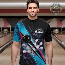 Load image into Gallery viewer, Custom Blue And Pink Synthwave Style Bowling Men Quarter-Zip Shirt, Team Bowling League Shirt IPHW9514
