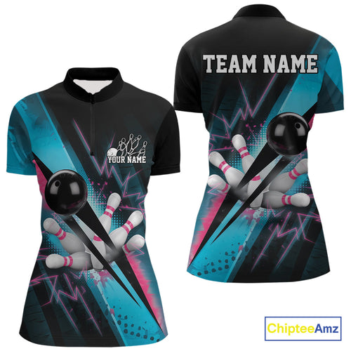 Custom Blue Pink Synthwave Style Bowling Women Quarter-Zip Shirt, Bowling League Shirt IPHW9514
