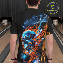 Load image into Gallery viewer, Custom Blue And Orange Fire Flame Strike Skull Bowling Men Polo Shirt, Halloween Outfit IPHW9890