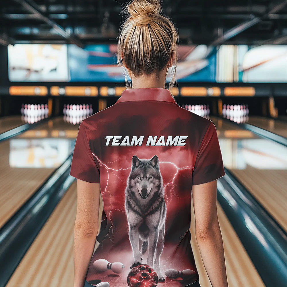 Red Thunder Lightning Custom Wolf Bowling Polo Shirts For Women, Wolf Bowling Team Shirt IPHW8425