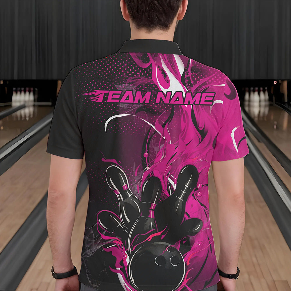 Black And Pink Custom Flame Bowling Polo Shirts For Men, Fire Bowling League Team Shirt IPHW8630