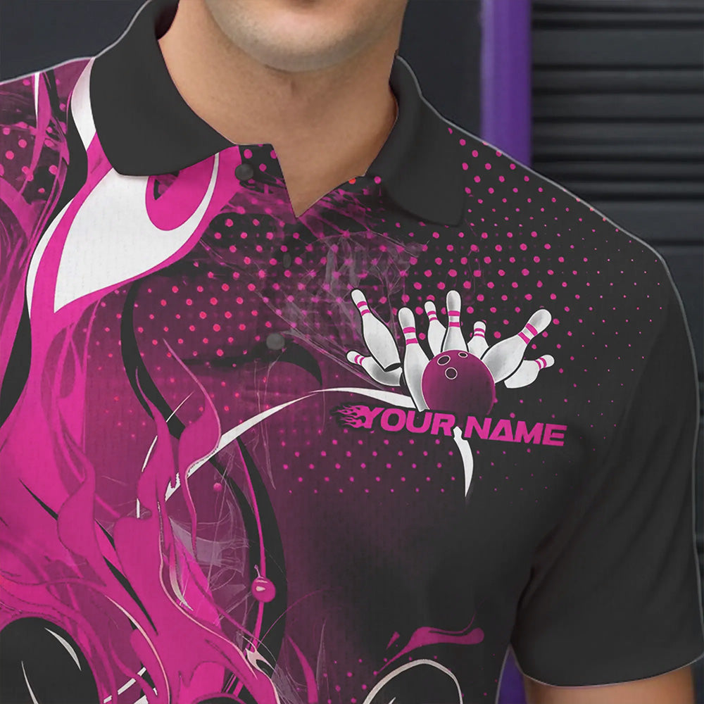 Black And Pink Custom Flame Bowling Polo Shirts For Men, Fire Bowling League Team Shirt IPHW8630