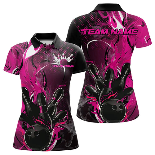 Black And Pink Custom Flame Bowling Polo Shirts For Women, Fire Bowling League Team Shirt IPHW8630