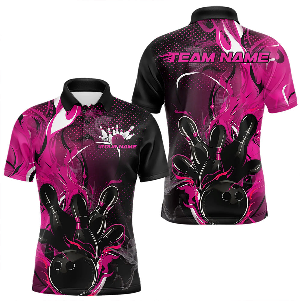 Black And Pink Custom Flame Bowling Polo Shirts For Men, Fire Bowling League Team Shirt IPHW8630