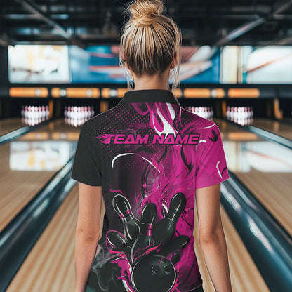 Black And Pink Custom Flame Bowling Womens Quarter-Zip Shirts, Fire Bowling League Shirt IPHW8630