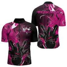 Load image into Gallery viewer, Black And Pink Custom Flame Bowling Quarter-Zip Shirts For Men, Fire Bowling League Team Shirt IPHW8630