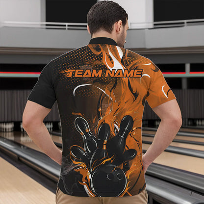 Black And Orange Custom Flame Bowling Quarter-Zip Shirts For Men, Fire Bowling League Team Shirt IPHW8631