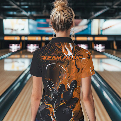 Black And Orange Custom Flame Bowling Womens Quarter-Zip Shirts, Fire Bowling League Shirt IPHW8631