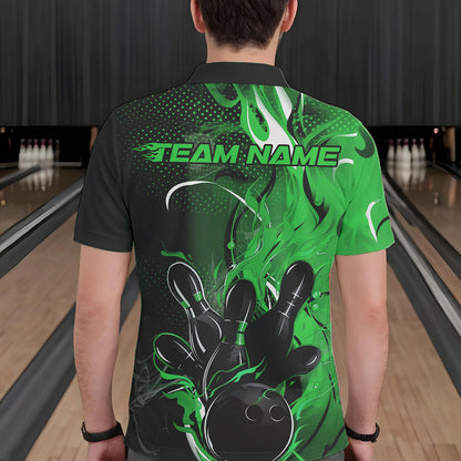 Black And Green Custom Flame Bowling Polo Shirts For Men, Fire Bowling League Team Shirt IPHW8632