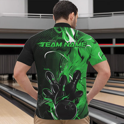 Black And Green Custom Flame Bowling Quarter-Zip Shirts For Men, Fire Bowling League Team Shirt IPHW8632