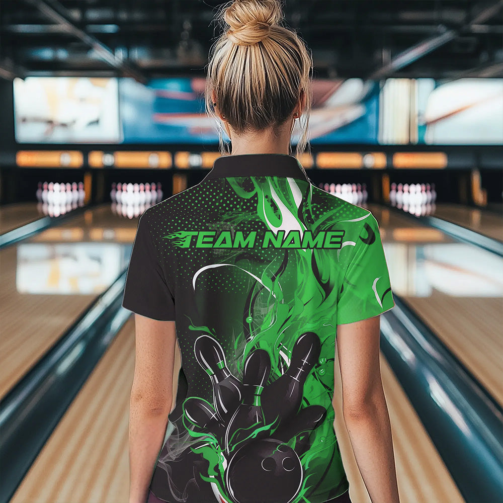 Black And Green Custom Flame Bowling Womens Quarter-Zip Shirts, Fire Bowling League Shirt IPHW8632