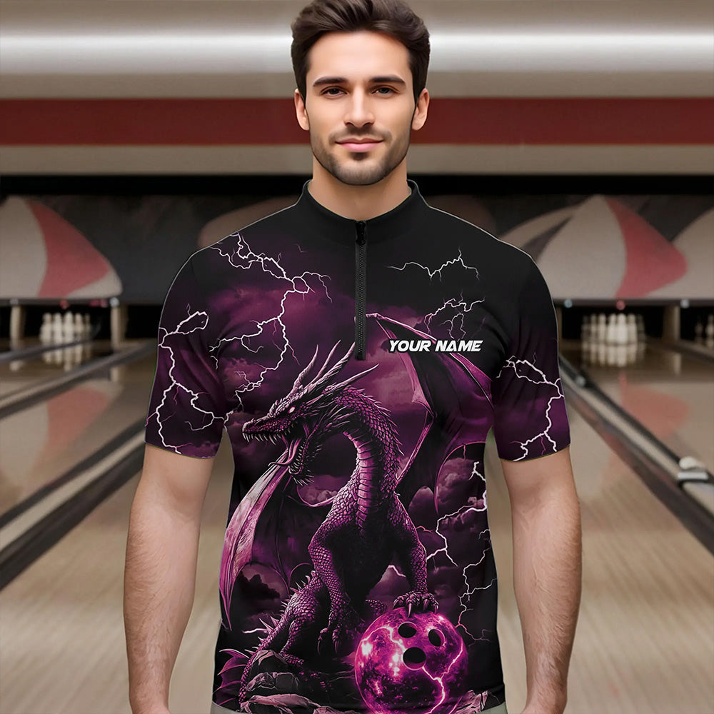Black And Pink Thunder Lightning Custom Dragon Bowling Team Shirts For Men, Bowling Uniform IPHW8633