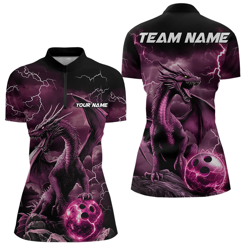 Black And Pink Thunder Lightning Custom Dragon Womens Bowling Team Shirts, Bowling Uniform IPHW8633