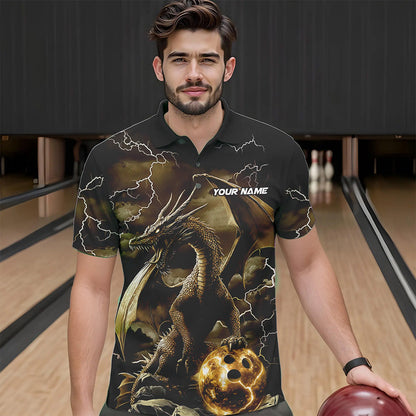Black And Gold Thunder Lightning Custom Dragon Bowling Team Shirts For Men, Bowling Uniform IPHW8634