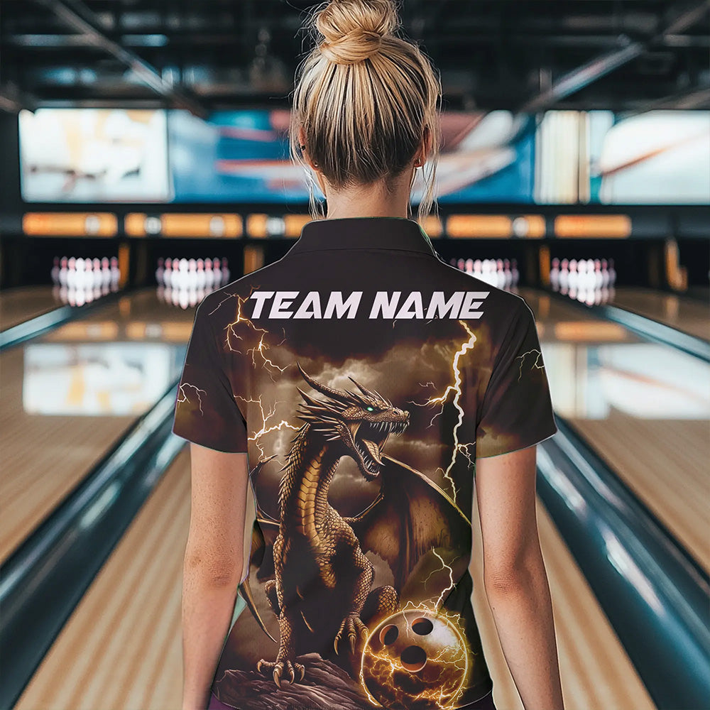 Black And Gold Thunder Lightning Custom Dragon Womens Bowling Team Shirts, Bowling Uniform IPHW8634