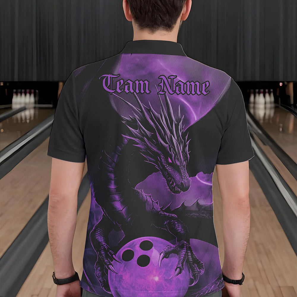 Black And Purple Custom Dragon Bowling Polo Shirts For Men, Dragon Bowling League Shirt IPHW8643
