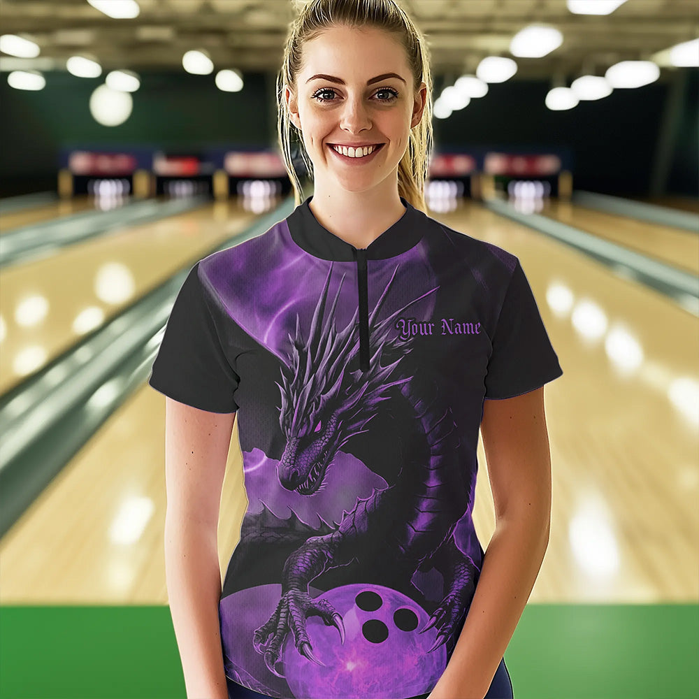 Black And Purple Custom Dragon Bowling Quarter-Zip Shirts For Women, Bowling League Shirt IPHW8643