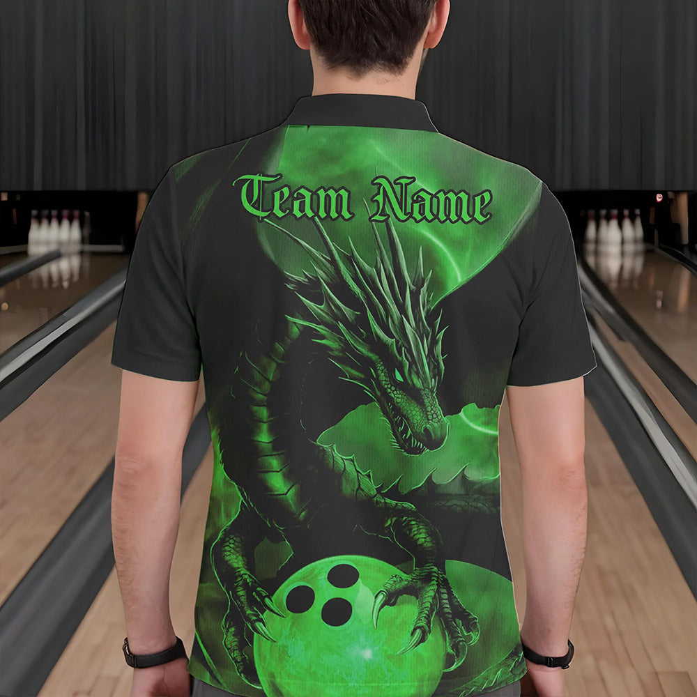 Black And Green Custom Dragon Bowling Polo Shirts For Men, Dragon Bowling League Shirt IPHW8644