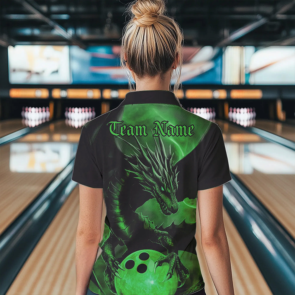 Black And Green Custom Dragon Bowling Quarter-Zip Shirts For Women, Bowling League Shirt IPHW8644