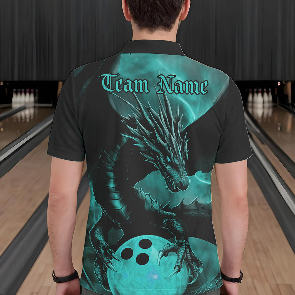 Black And Turquoise Blue Custom Dragon Bowling Polo Shirts For Men, Dragon Bowling League Shirt IPHW8645