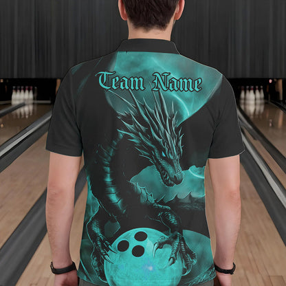 Black And Turquoise Blue Custom Dragon Bowling Polo Shirts For Men, Dragon Bowling League Shirt IPHW8645