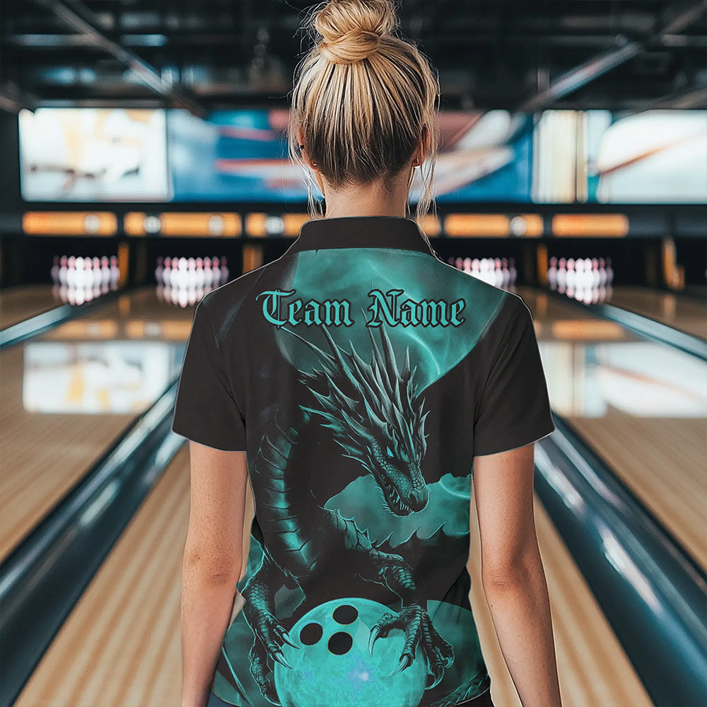 Black And Turquoise Blue Custom Dragon Bowling Womens Polo Shirts, Bowling League Shirt IPHW8645