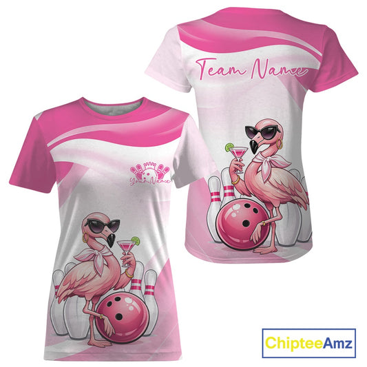 Pink women’s crewneck bowling T-shirt mockup displaying a stylish flamingo holding a cocktail next to a bowling ball in front and back view.