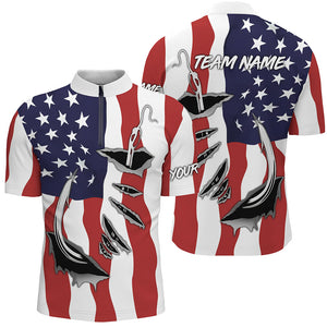 Custom American Flag Fishing Shirts With Fish Hook Design, Patriotic Fishing Team Jersey IPHW5142