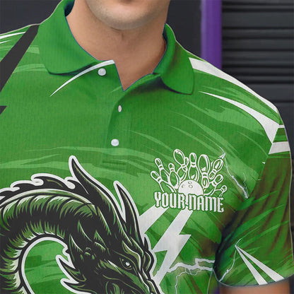 Custom Black And Green Thunder Lightning Dragon Bowling Jerseys Bowling Polo Shirts For Men IPHW8660