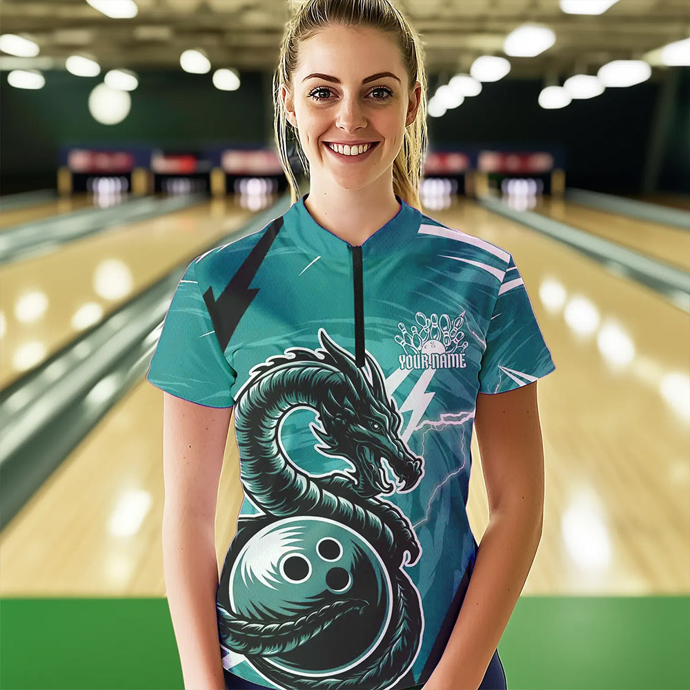 Custom Black And Blue Thunder Lightning Dragon Bowling Jerseys Womens Quarter-Zip Shirts IPHW8661