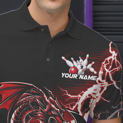 Custom Black And Red Thunder Lightning Dragon Bowling Polo Shirts For Men, Bowlers Outfits IPHW8662