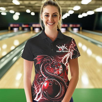 Custom Black And Red Thunder Lightning Dragon Bowling Womens Polo Shirts, Bowlers Outfits IPHW8662