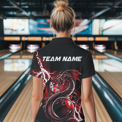 Custom Black And Red Thunder Lightning Dragon Bowling Womens Polo Shirts, Bowlers Outfits IPHW8662