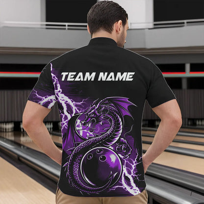 Custom Black And Purple Thunder Lightning Dragon Bowling  Quarter-Zip Shirts For Men, Bowlers Outfit IPHW8664