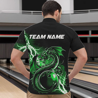 Custom Black And Green Thunder Lightning Dragon Bowling  Quarter-Zip Shirts For Men, Bowlers Outfits IPHW8665