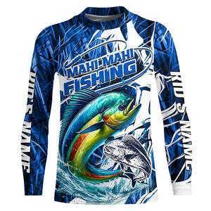 Custom Mahi Mahi Performance Fishing Shirts, Mahimahi Long Sleeve Fishing Shirts | Blue Camo IPHW6839