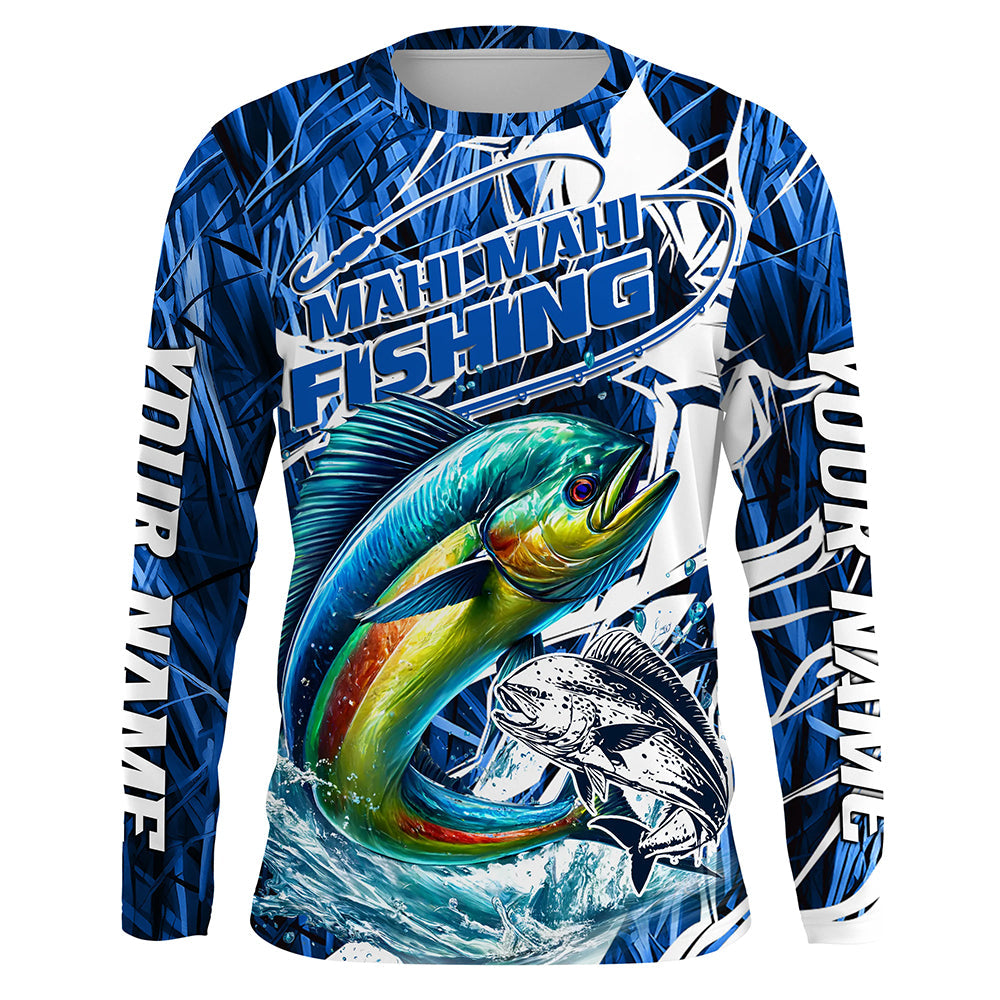 Custom Mahi Mahi Performance Fishing Shirts, Mahimahi Long Sleeve Fishing Shirts | Blue Camo IPHW6839