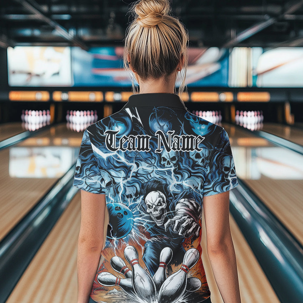Custom Rock Style Skull Bowling Quarter-Zip Shirts For Women, Funny Skeleton Bowlers Outfit IPHW8934