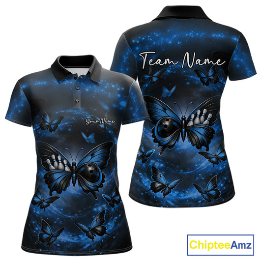 Front and back view of a women’s bowling polo shirt featuring a blue and black butterfly with a bowling ball body and smoky graphics.