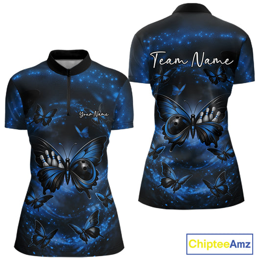 Front and back view of a women’s bowling quarter-zip shirt showcasing a blue and black butterfly with a bowling ball body and smoky accents.