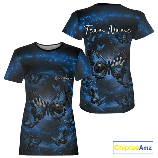 Women’s crewneck bowling shirt displayed from both sides with a blue and black butterfly motif featuring a bowling ball body and smoky accents.