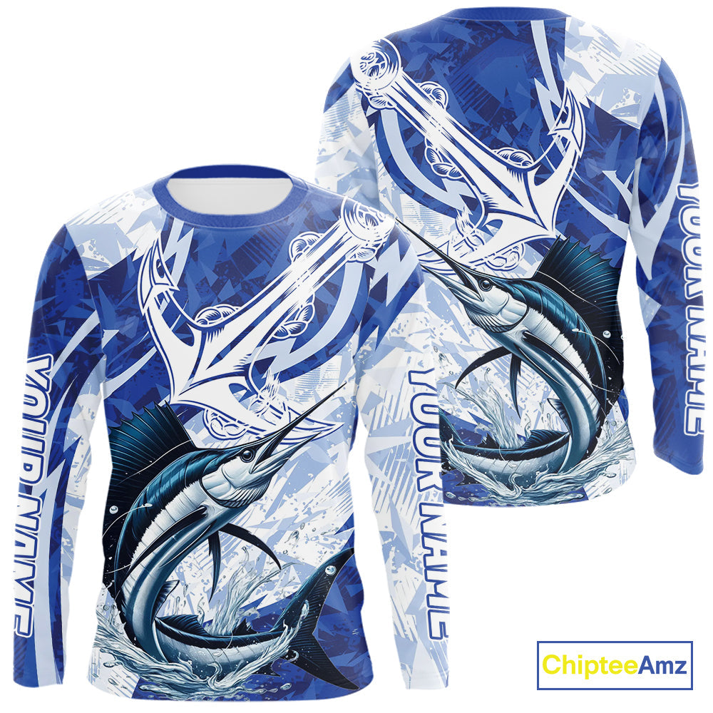 Blue Camo Anchor Custom Sailfish Saltwater Long Sleeve Performance Fishing Shirts IPHW9181