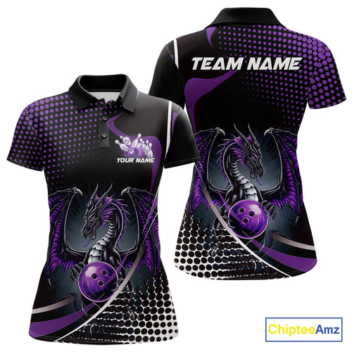 Custom Purple Dragon Bowling Jerseys, Mystical Bowling Team Uniform Polo Shirts For Women IPHW9534