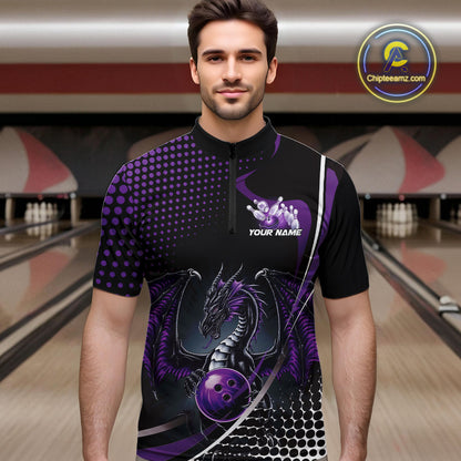 Custom Purple Dragon Bowling Jerseys, Mystical Bowling Team Uniform Quarter-Zip Shirts For Men IPHW9534
