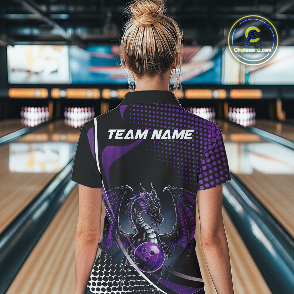 Custom Purple Dragon Bowling Jersey, Bowling Team Uniform Women Quarter-Zip Shirt IPHW9534