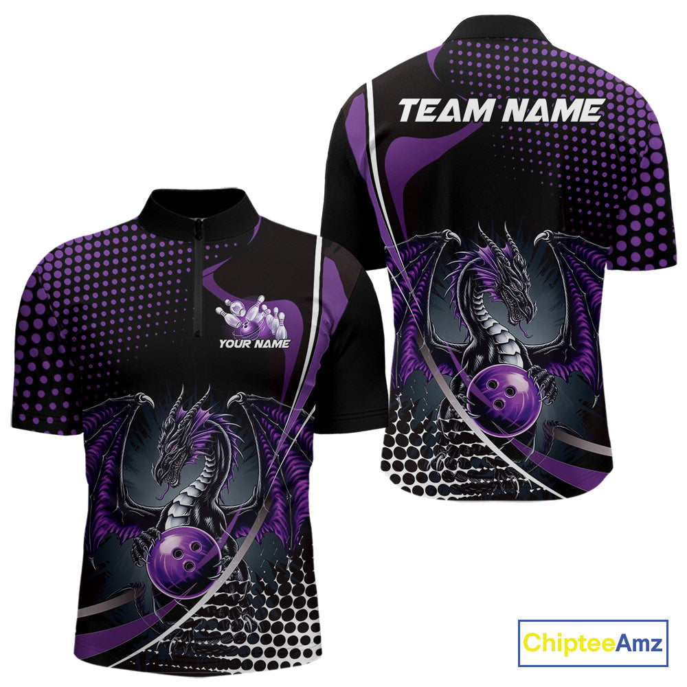 Custom Purple Dragon Bowling Jerseys, Mystical Bowling Team Uniform Quarter-Zip Shirts For Men IPHW9534