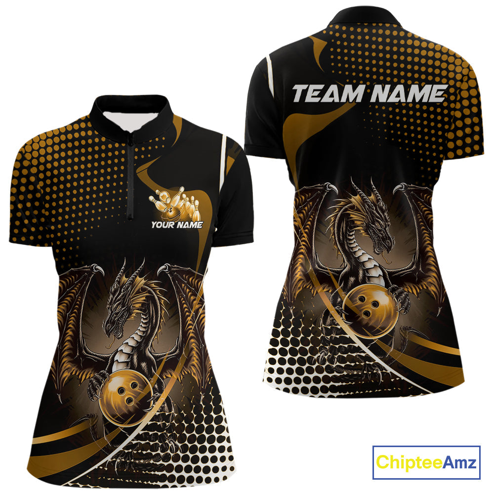 Custom Yellow Dragon Bowling Jersey, Bowling Team Uniform Women Quarter-Zip Shirt IPHW9535