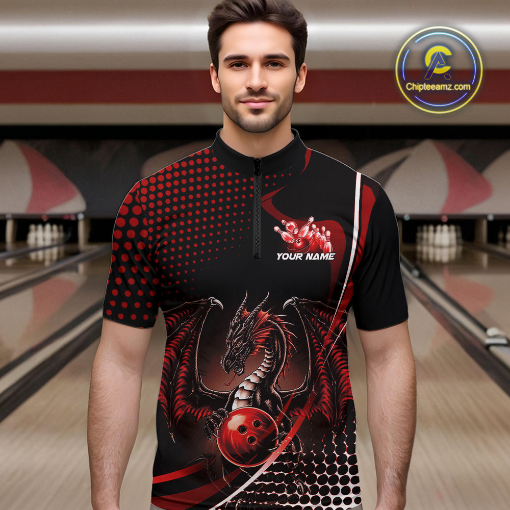 Custom Blue Dragon Bowling Jerseys, Mystical Bowling Team Uniform Quarter-Zip Shirts For Men IPHW9537