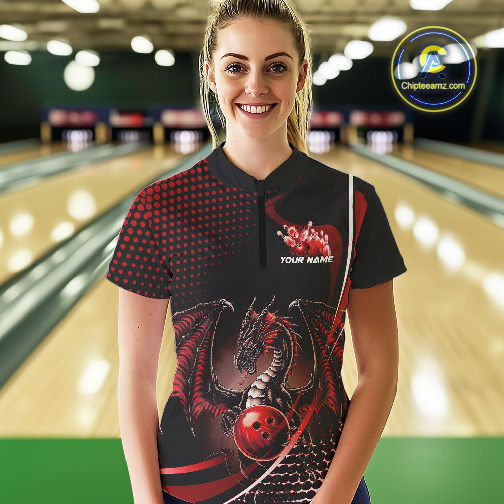 Custom Blue Dragon Bowling Jerseys, Mystical Bowling Team Uniform Women Quarter-Zip Shirt IPHW9537