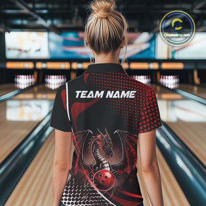 Custom Blue Dragon Bowling Jerseys, Mystical Bowling Team Uniform Women Quarter-Zip Shirt IPHW9537
